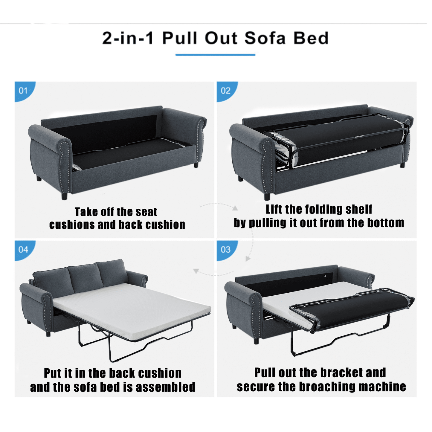 Muumblus Queen Size Pull Out Sofa Bed, 2-in-1 Convertible Sleeper Couches with Memory Foam Mattress, 3 Seat Sleeper Couch Beds for Living Room, Dark Gray
