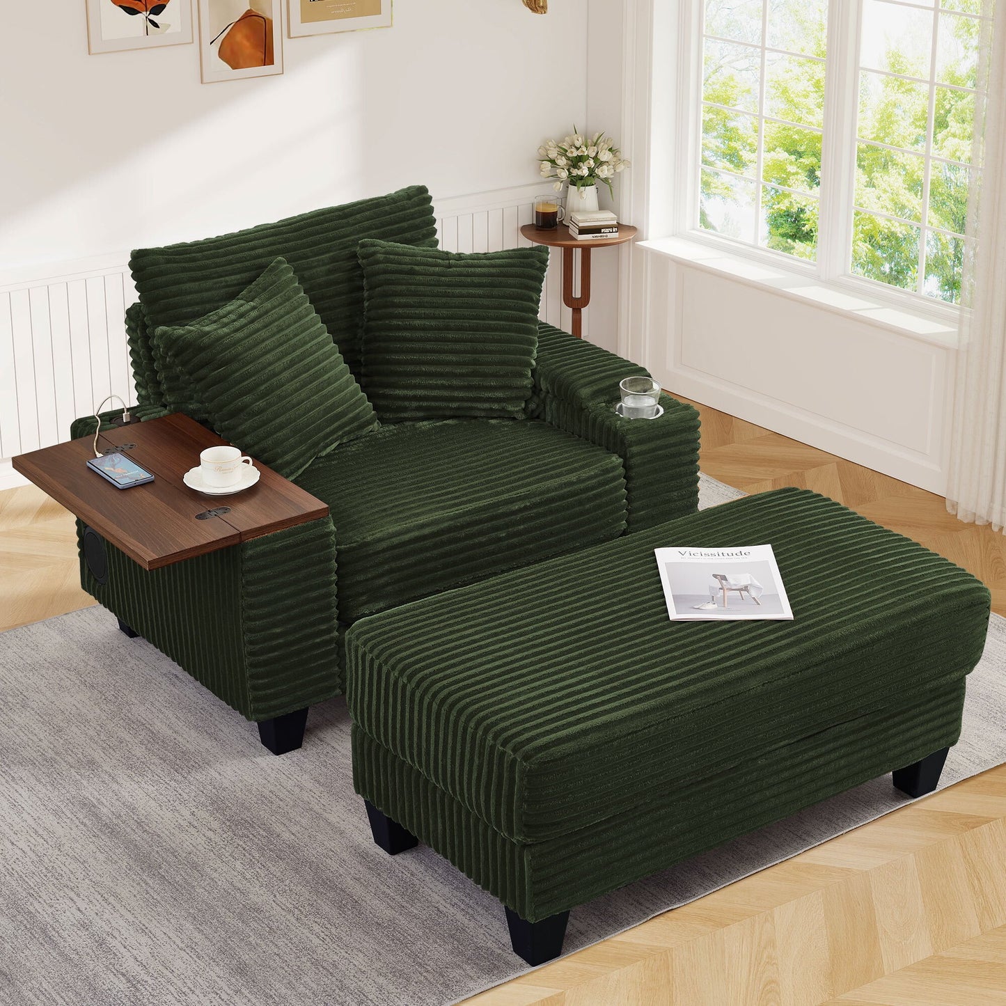 Muumblus Oversized Lounge Accent Chair with Ottoman, Bluetooth Speaker, Versatile Sofa Chairs with Storage Armrest and Rotating Table Board, Modern Cloud Armchair for Living Room