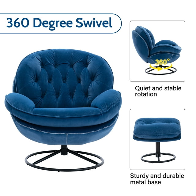 Muumblus Swivel Accent Chair with Ottoman, Modern Velvet Lounge Chair with Footrest, Comfy Armchair with 360 Degree Swiveling for Living Room, Blue