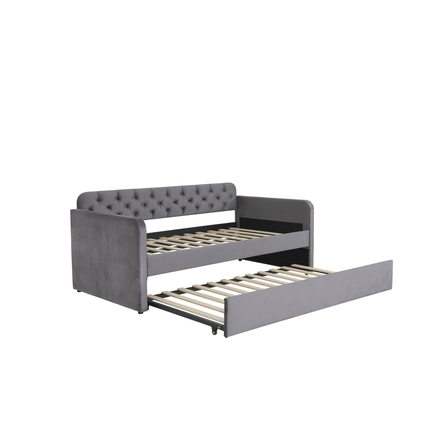 Muumblus Twin Size Daybed with Trundle Bed with USB Ports, Modern Velvet Tufted Bed Frame for Bedroom, Not Box Spring Required, Dark Gray