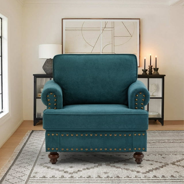 Muumblus 38" W Mid-Century Single Sofa Accent Chair with Nailhead, Chenille Comfy Upholstered Club Armchair for Living Room, Lake Green