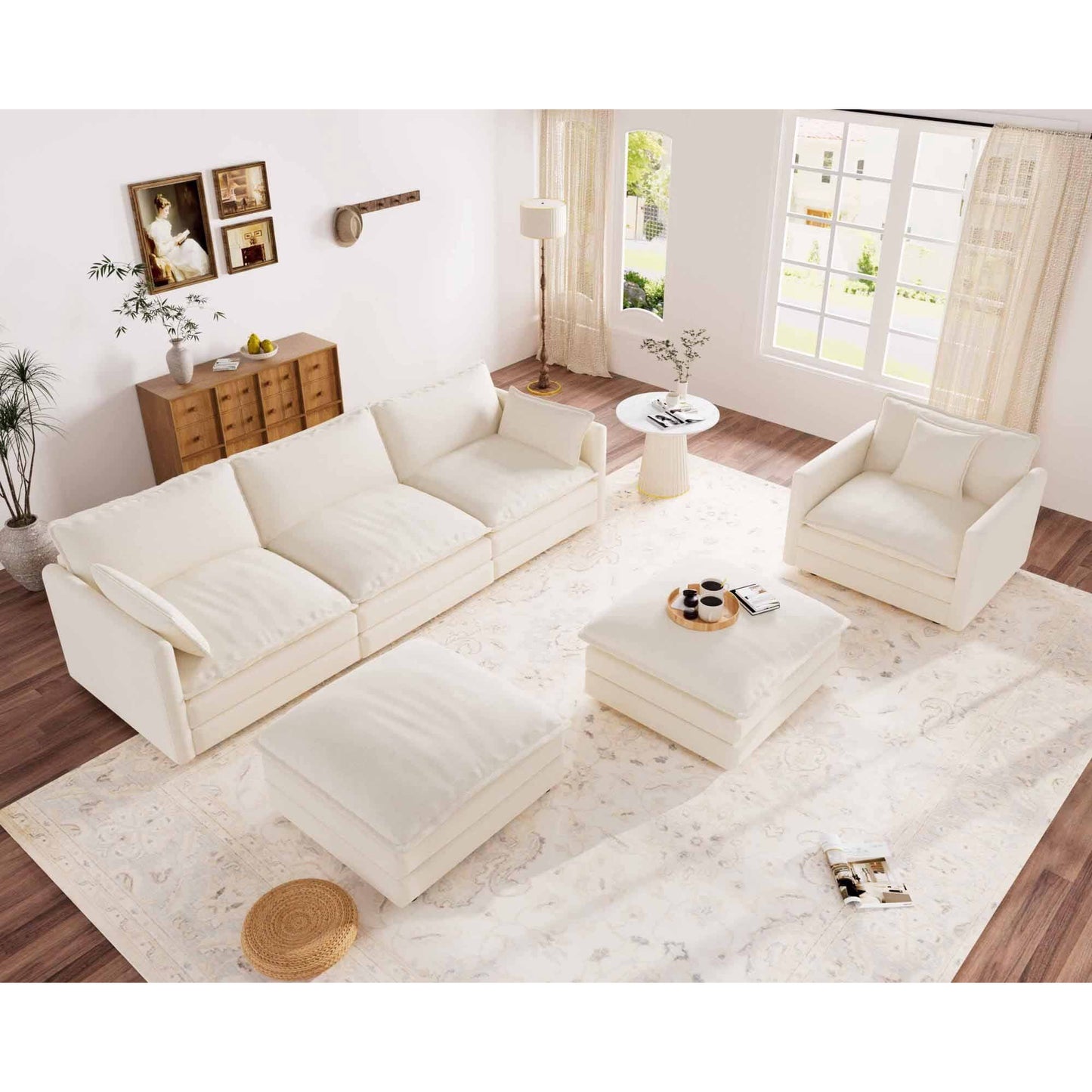 Muumblus 4 Pieces Living Room Furniture Sets, Modular L-Shaped Sofa and Chaise Lounge Chair with 2 Movable Ottoman, Beige Chenille