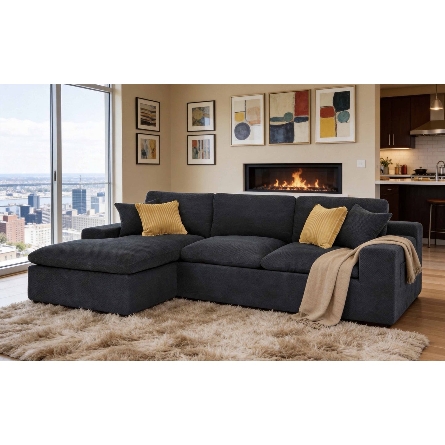 Muumblus 106" Oversized Modular Sectional Sofa with Movable Chaise, L-Shaped Boneless Cloud Couch for Living Room, Black (Left Facing Chaise)
