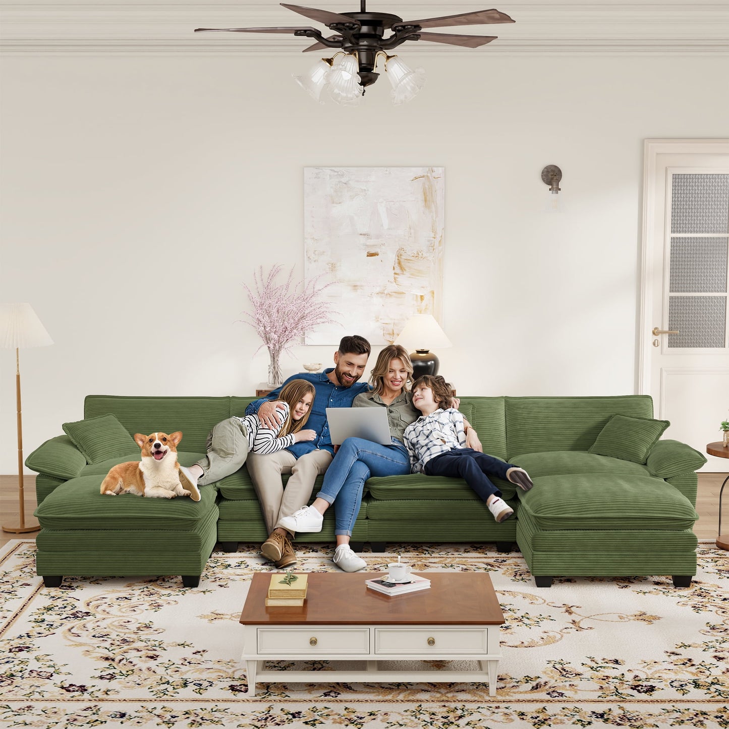 Muumblus Modular Sectional Cloud Couch with Ottoman, Oversized U-Shaped Corduroy Sofa for Living Room