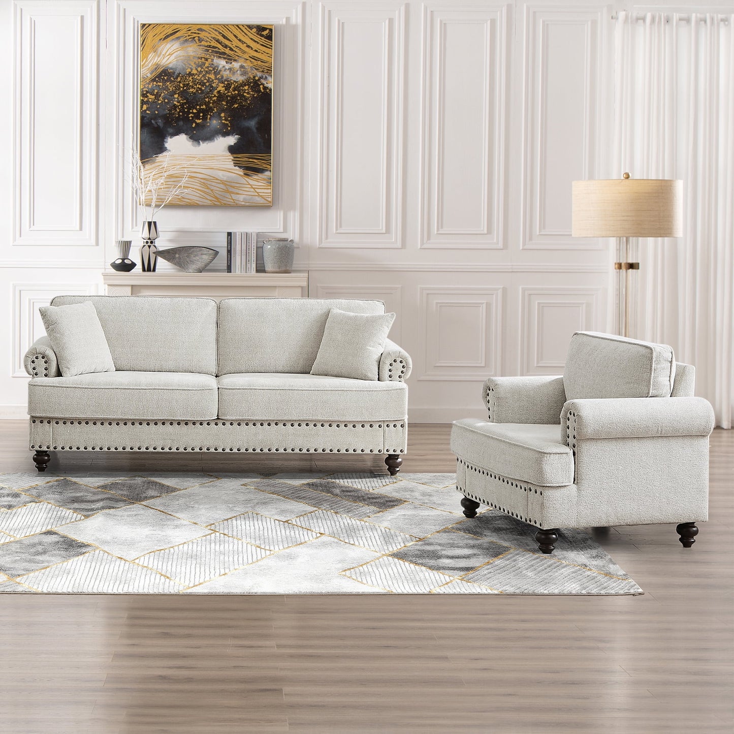 Muumblus 2 Pieces Chenille Living Room Furniture Sets , Single Sofa Chair and Sofa Set, White