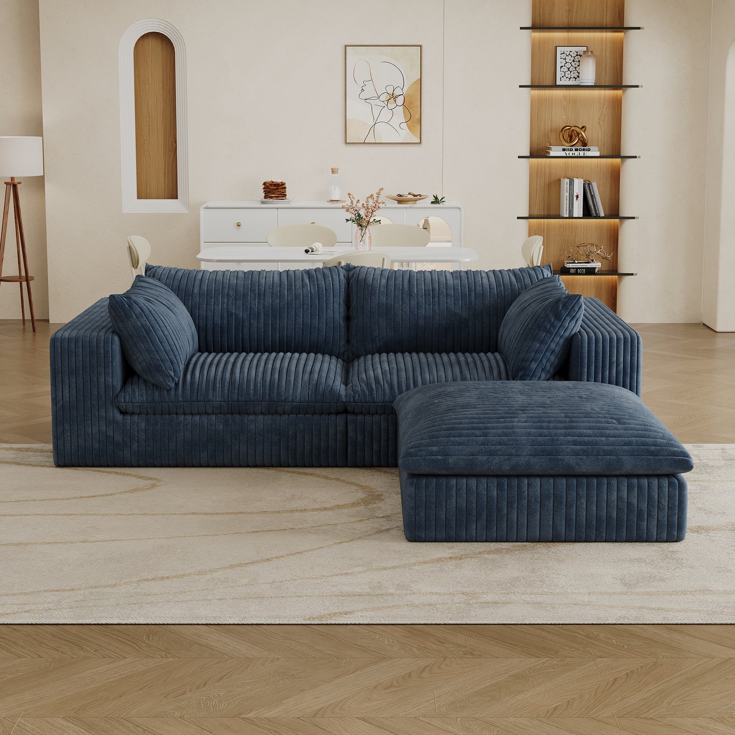 Muumblus Modular Sectional Sofa with Movable Ottoman, L-Shaped Deep Seat Corduroy Cloud Couch, No Assembly Boneless Couches for Living Room, White