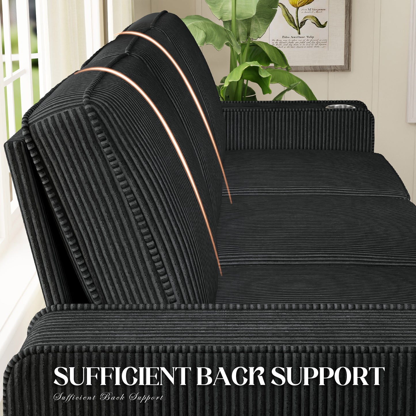 Muumblus 83.5" Living Room Sofa with Cup Holders, Cozy Plush Upholstered Couch, Corduroy Sofa 3-Seater, Black