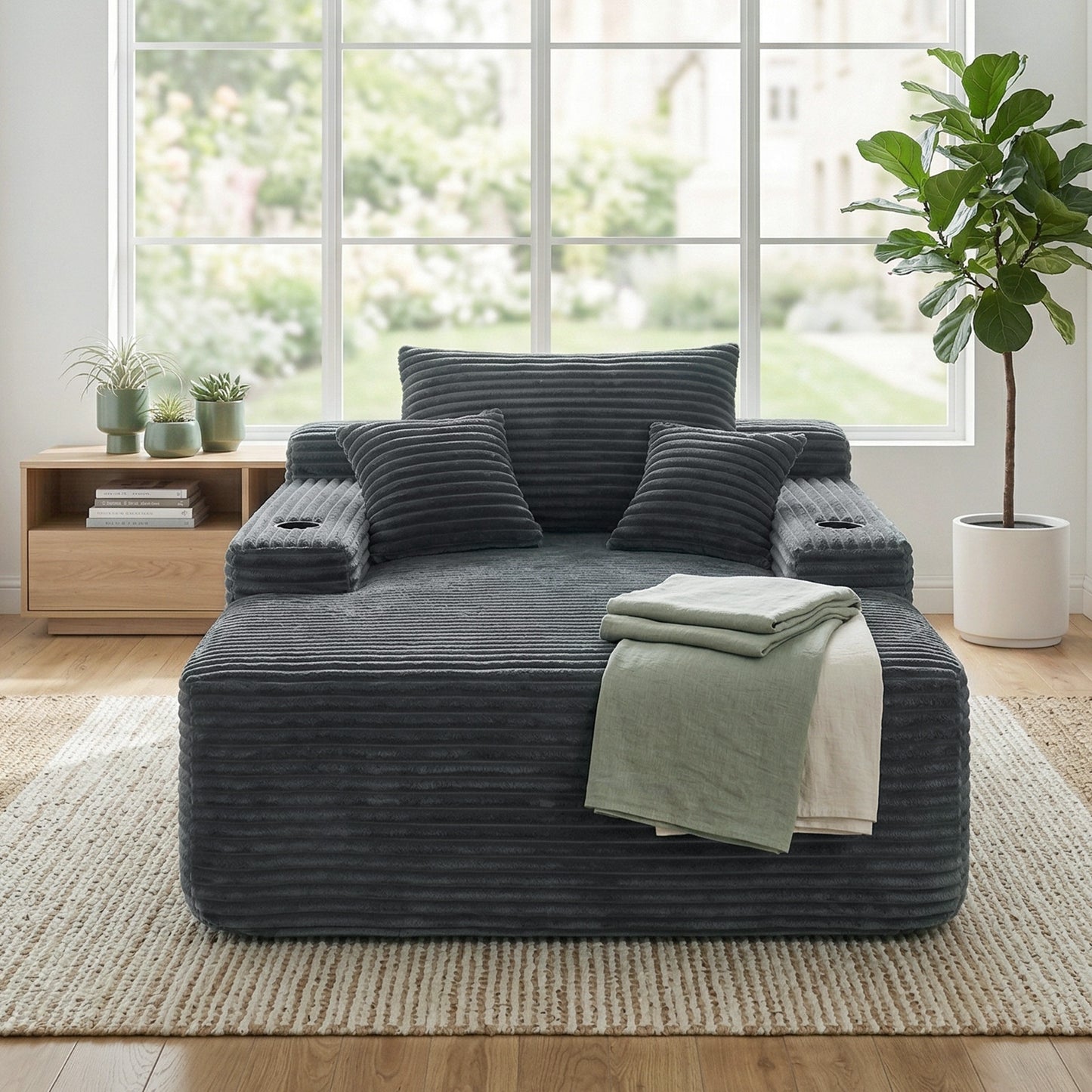 Muumblus Oversized Chaise Lounge Indoor, Upholstered Lounge Chair with Cup Holders, No Assembly Cloud Sleeper Sofa Bed, Gray Corduroy
