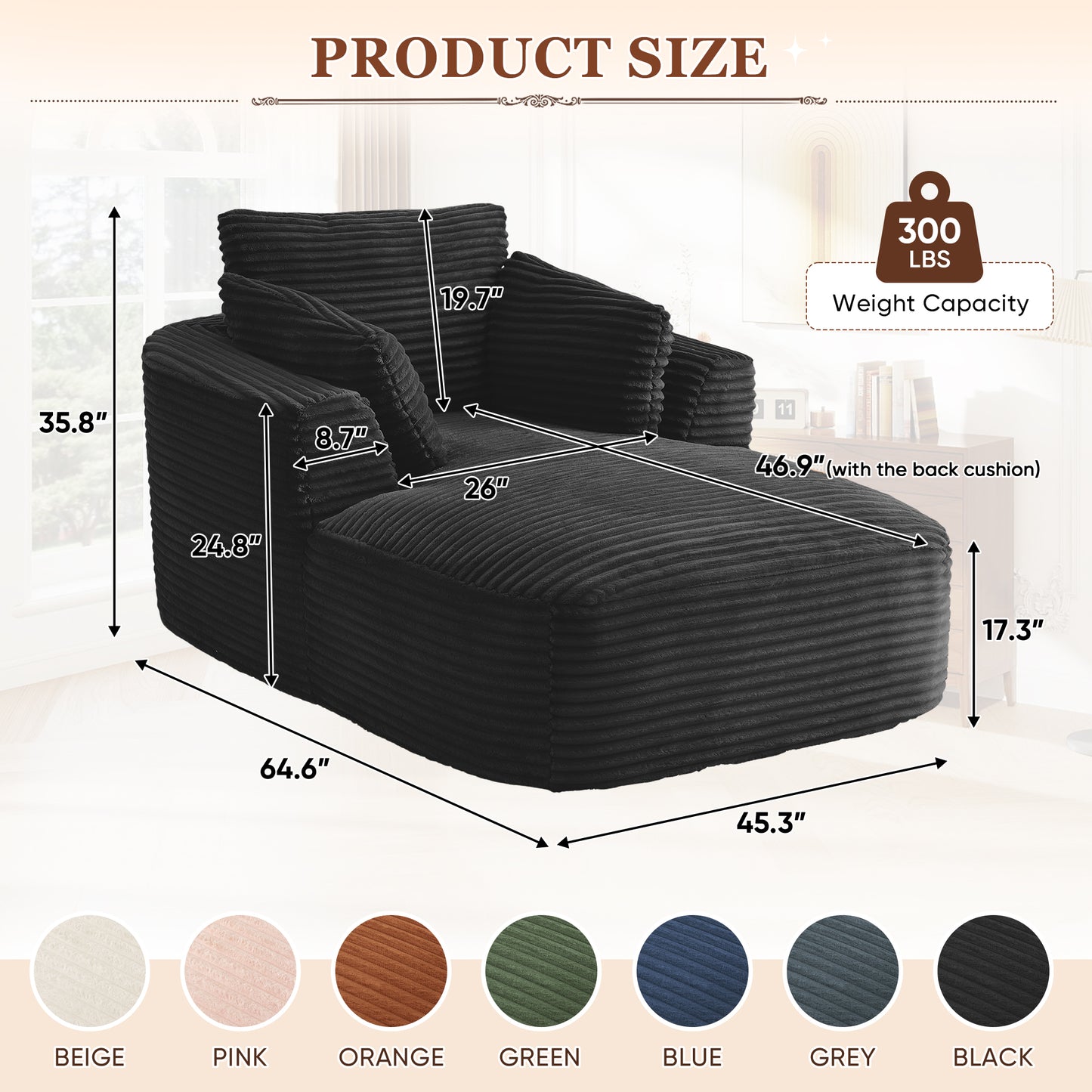 Muumblus Chaise Lounge Indoor, Cozy Lounge Chair Sleeper Sofa for Adults, No Assembly Required, Black Corduroy