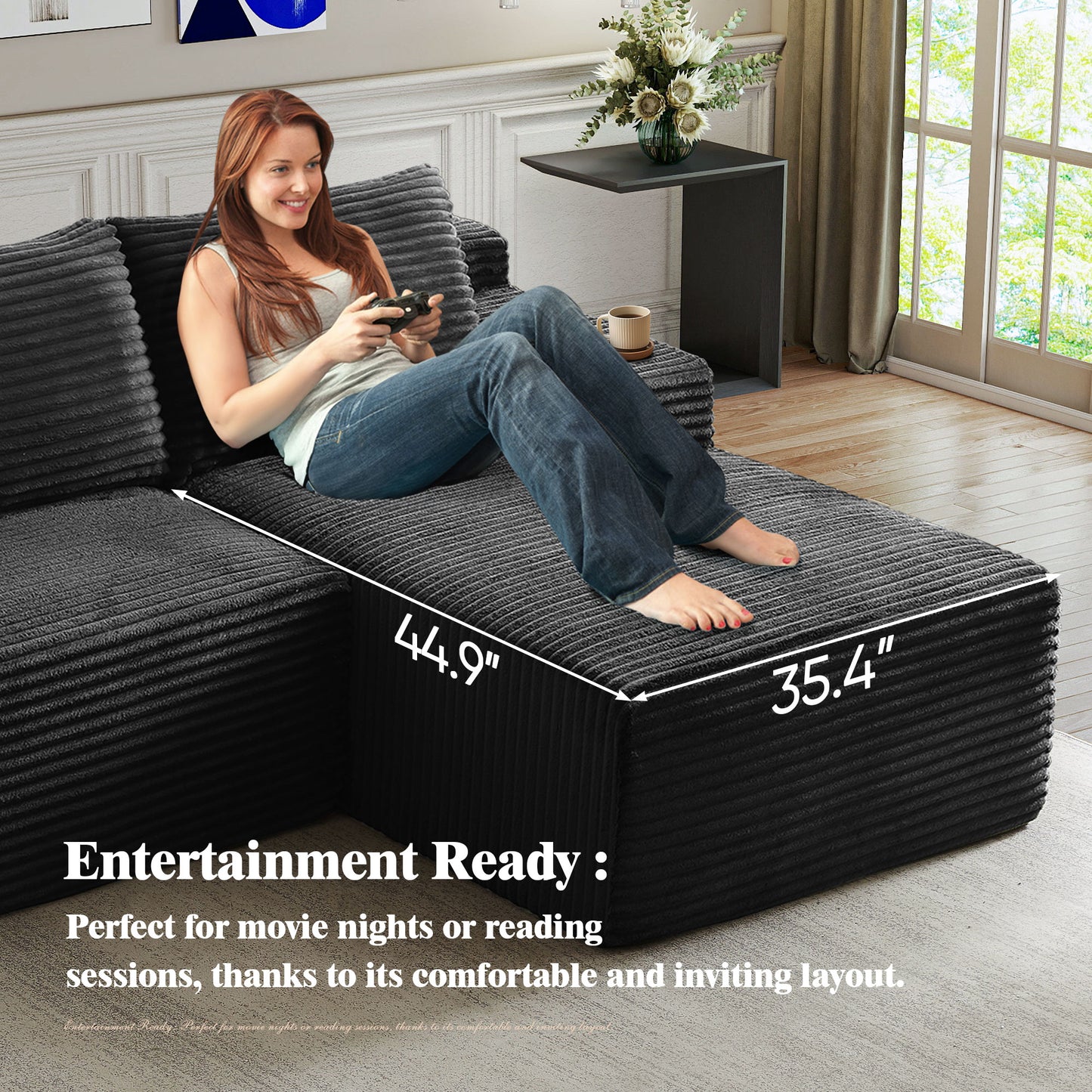 Muumblus L-Shaped Modular Sectional Sofa with Chaise, Boneless Deep Seat Cloud Couch, No Assembly Corduroy Sleeper Sofa for Living Room, Black（Right Facing Chaise）