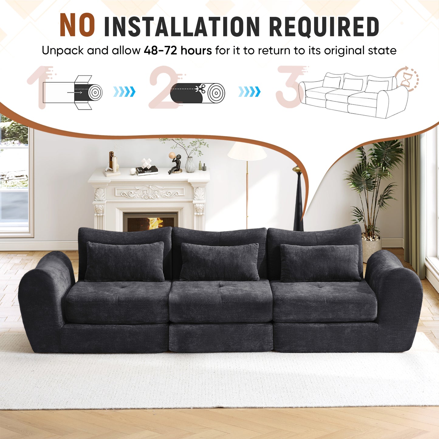 Muumblus 101.6" Modular Sectional Sofa, Convertible Floor Sofa Sleeper Bed, Modern Boneless Cloud Sectional for Living Room, Black Chenille