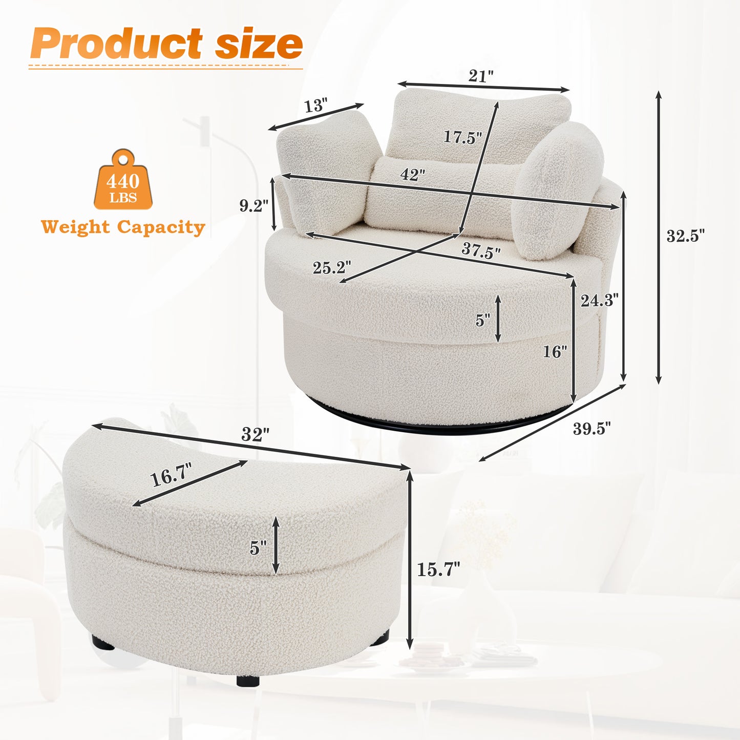 Muumblus Oversized Swivel Accent Barrel Chair with Storage Ottoman, Comfy Round Read Armchair for Living Room, Ivory