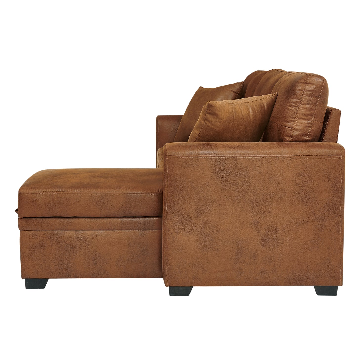Muumblus Convertible Pull Out Sofa Bed, L-Shaped Sectional Sleeper Couch with Storage Chaise, Vintage Faux Leather Look, Brown Polyester Fabric