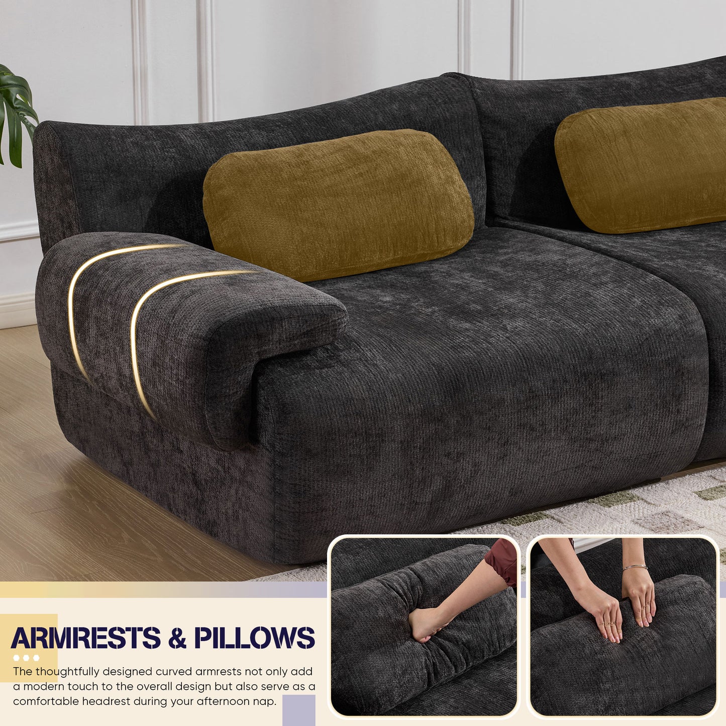 Muumblus Modular Sectional Sofa with Movable Ottoman, Oversized L-Shaped Cloud Sofa with Chaise, Boneless Deep Seat Living Room Couch, Black Chenille