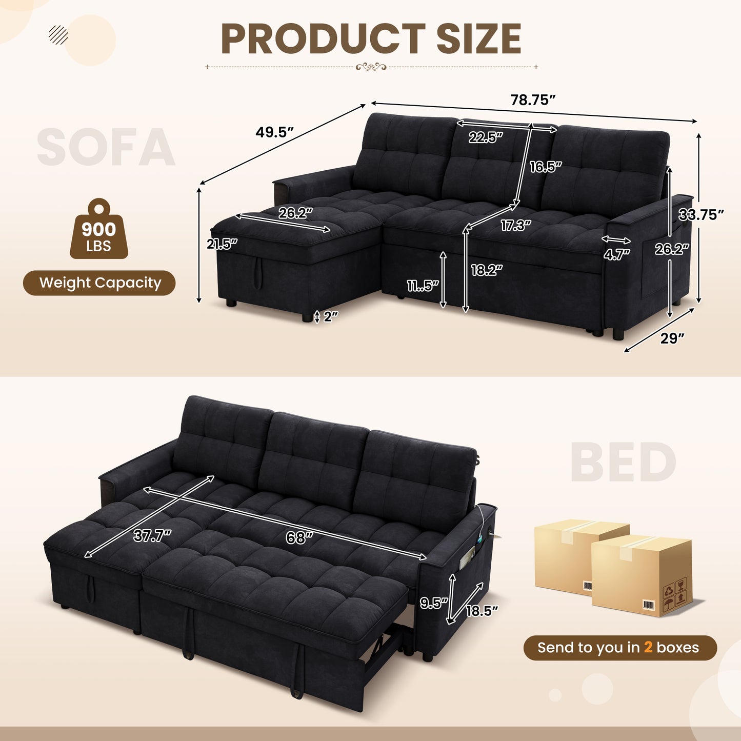 Muumblus Convertible Sofa Bed, Sectional Sleeper Sofa with Storage Chaise, L-Shaped Couch for Living Room, Black Chenille