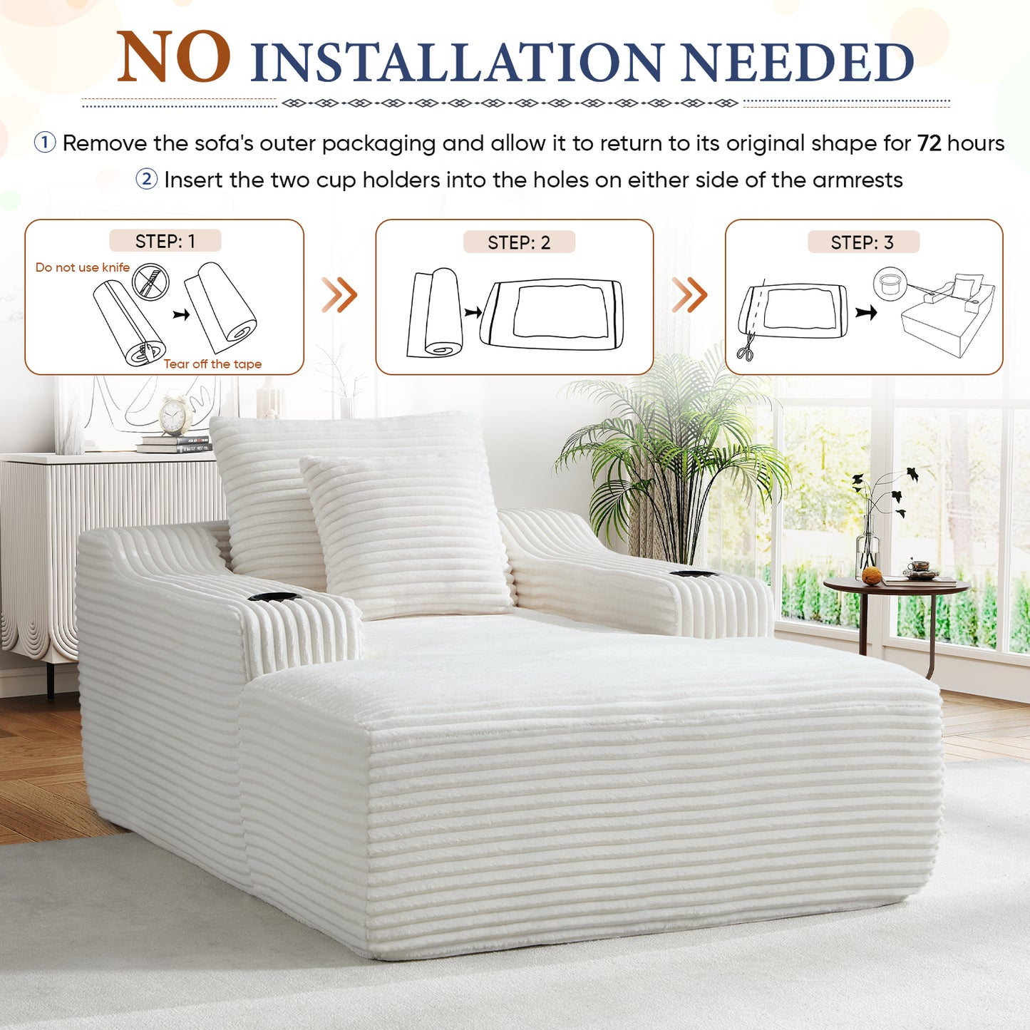 Muumblus Indoor Chaise Lounge Chair with Cup Holders, No Assembly Required, 67"D Oversized Deep Seat Cloud Couch, Corduroy Boneless Sleeper Sofa Bed for Livng Room, White