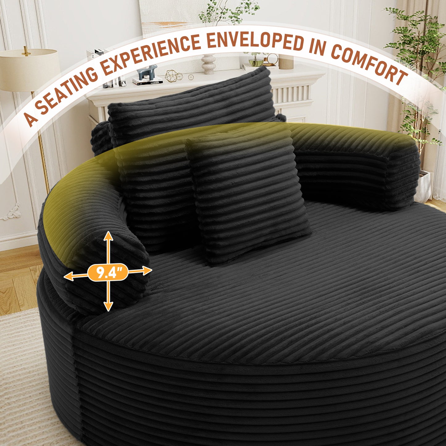 Muumblus 55" Indoor Round Lounge Chair, Oversized Boneless Accent Barrel Chair, Black Corduroy