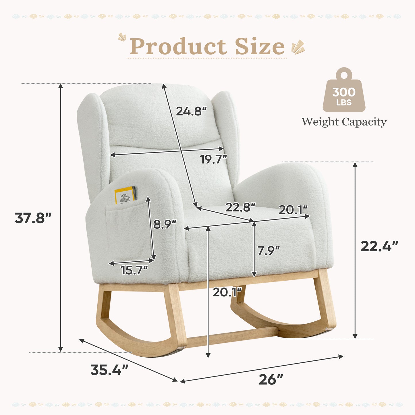 Muumblus Nursery Rocking Chair, Wingback Glider Rocker, Indoor Uphlostered Rocking Chair, Ivory Teddy