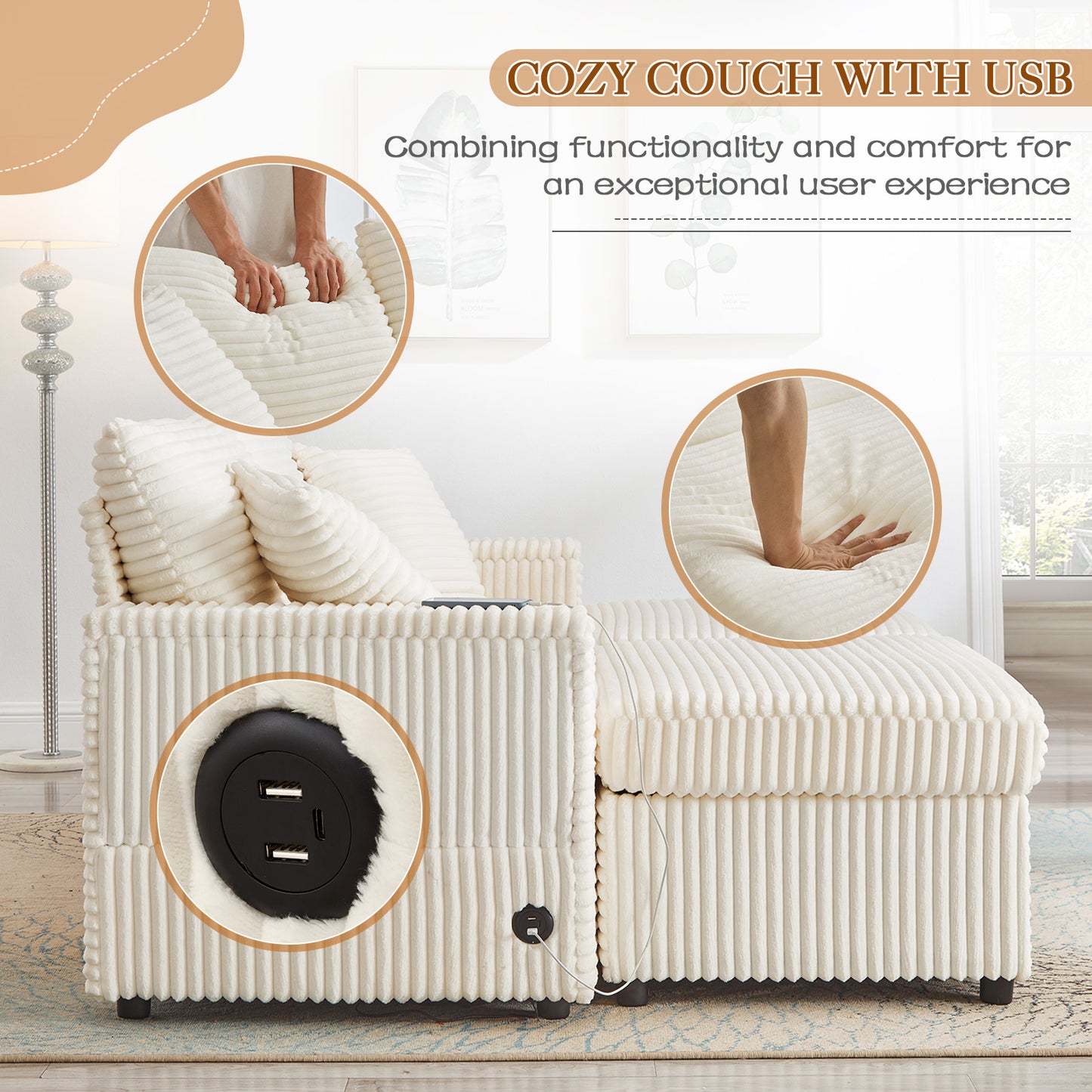 Muumblus Modular Sectional Sofa with 2 Storage Ottomans, 2 Side Tables & USB, Cozy Double Chaise Lounge Cloud Sofa, Plush Corduroy Sleeper Bed Couch for Living Room, White