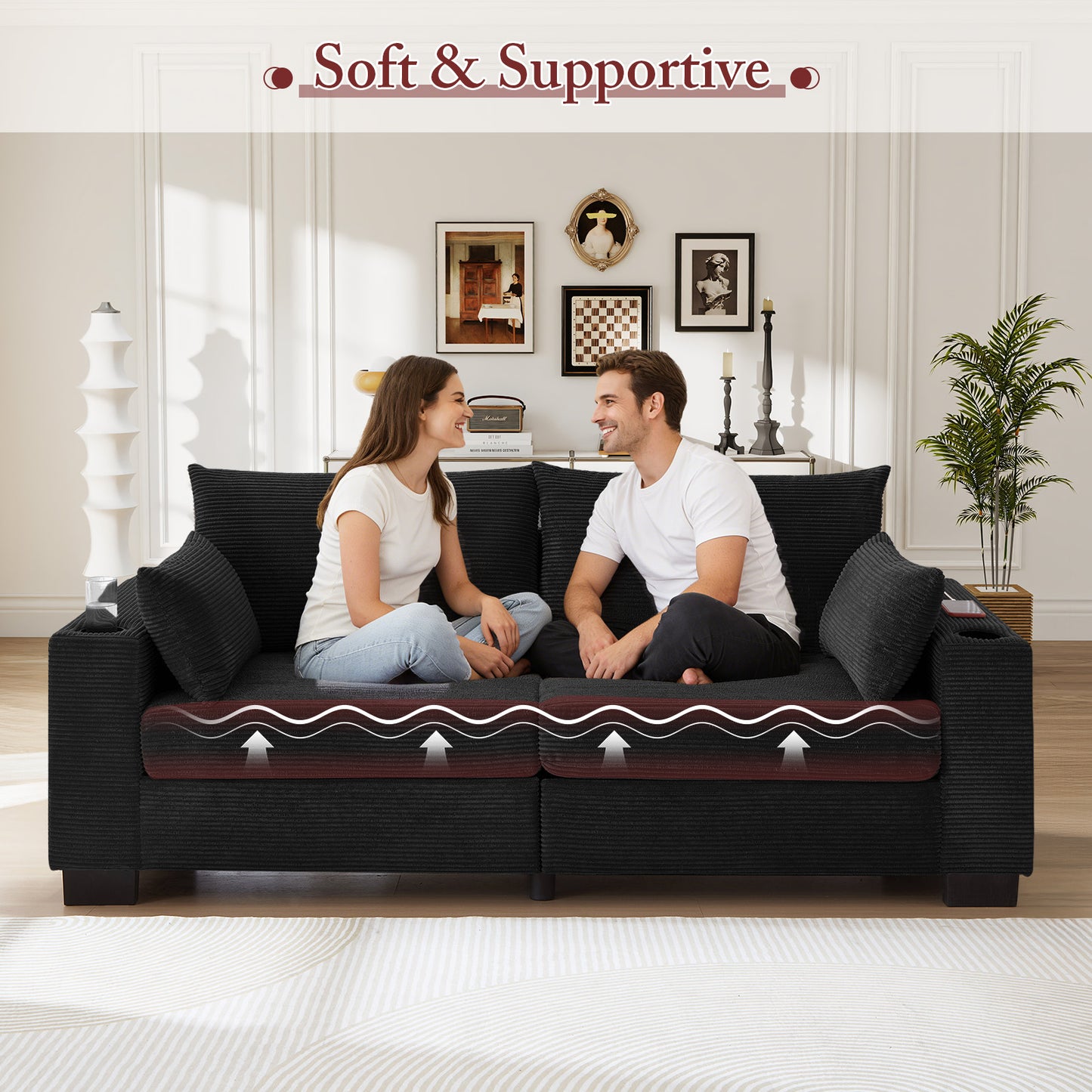 Muumblus 78"L Corduroy Sofa with USB & Cup Holders & Pockets, Deep Seat Living Room Upholstered Sofa, Black