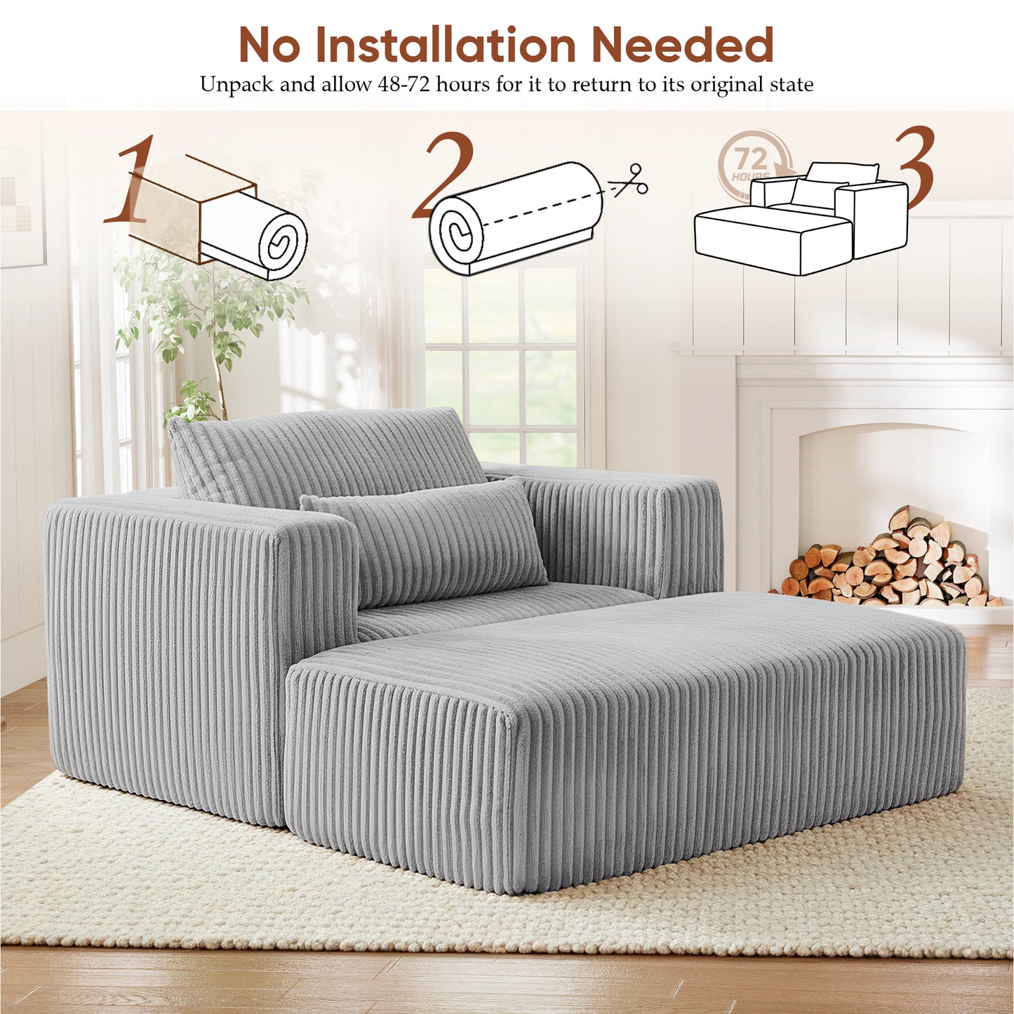 Muumblus Accent Chair with Movable Ottoman, Oversized Indoor Chaise Lounge Chair, No Assembly, Boneless Corduroy Cloud Sofa for Living Room, Gray