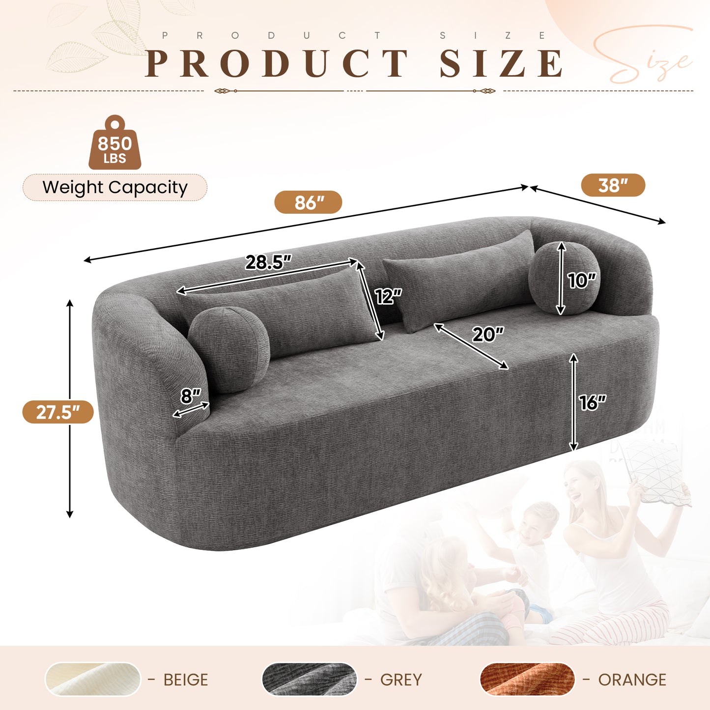Muumblus 86“ Chenille Boneless Sofa, Modern Upholstered Living Room Couch, Cozy Curved 3-Seater Cloud Sofa, Gray