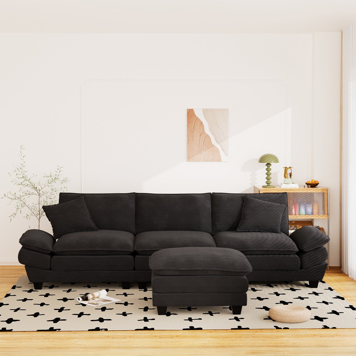 Muumblus 108" Modular Sectional Sofa with Ottoman, L-Shaped Couch with Chaise, Corduroy Sleeper Couch for Living Room, Black