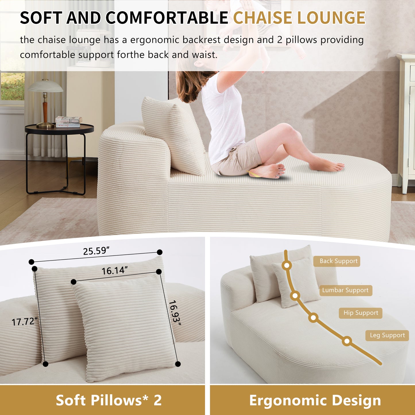 Muumblus 67.5" Oversized Chaise Lounge Indoor Furniture, No Assembly Boneless Cloud Couch, Deep Seat Corduroy Sleeper Sofa Bed for Living Room, Beige