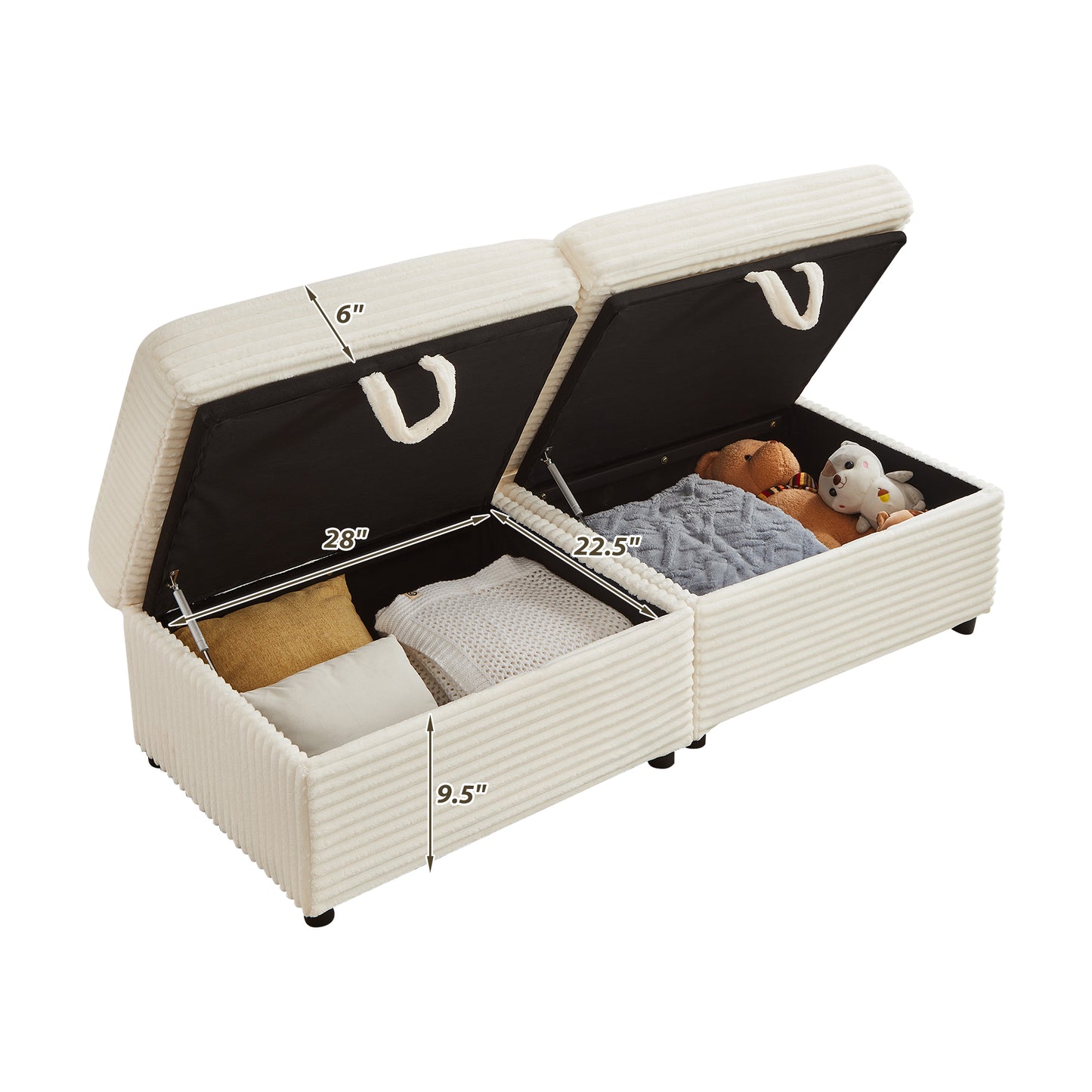 Muumblus Modular Sectional Sofa with 2 Storage Ottomans, 2 Side Tables & USB, Cozy Double Chaise Lounge Cloud Sofa, Plush Corduroy Sleeper Bed Couch for Living Room, White