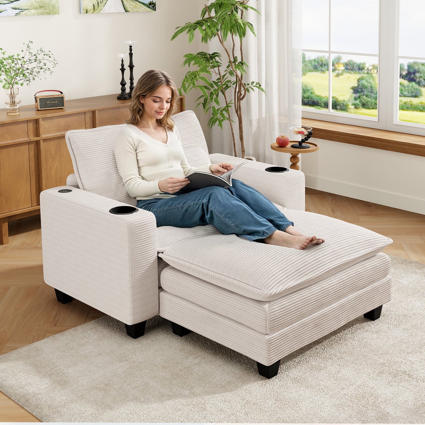 Muumblus 41.7" Oversized Lounge Accent Chair with Ottoman, Indoor Comfy Corduroy Armchair with USB, Beige
