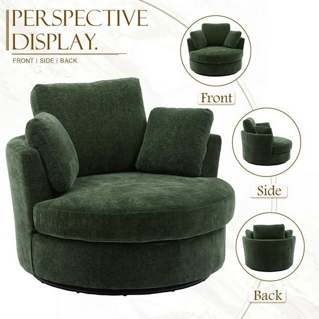 Muumblus 42.2"W Chenille Swivel Chair, Modern Oversize Accent Chair Barrel Chair Club Armchair Comfy Chair for Bedroom Living Room, Green