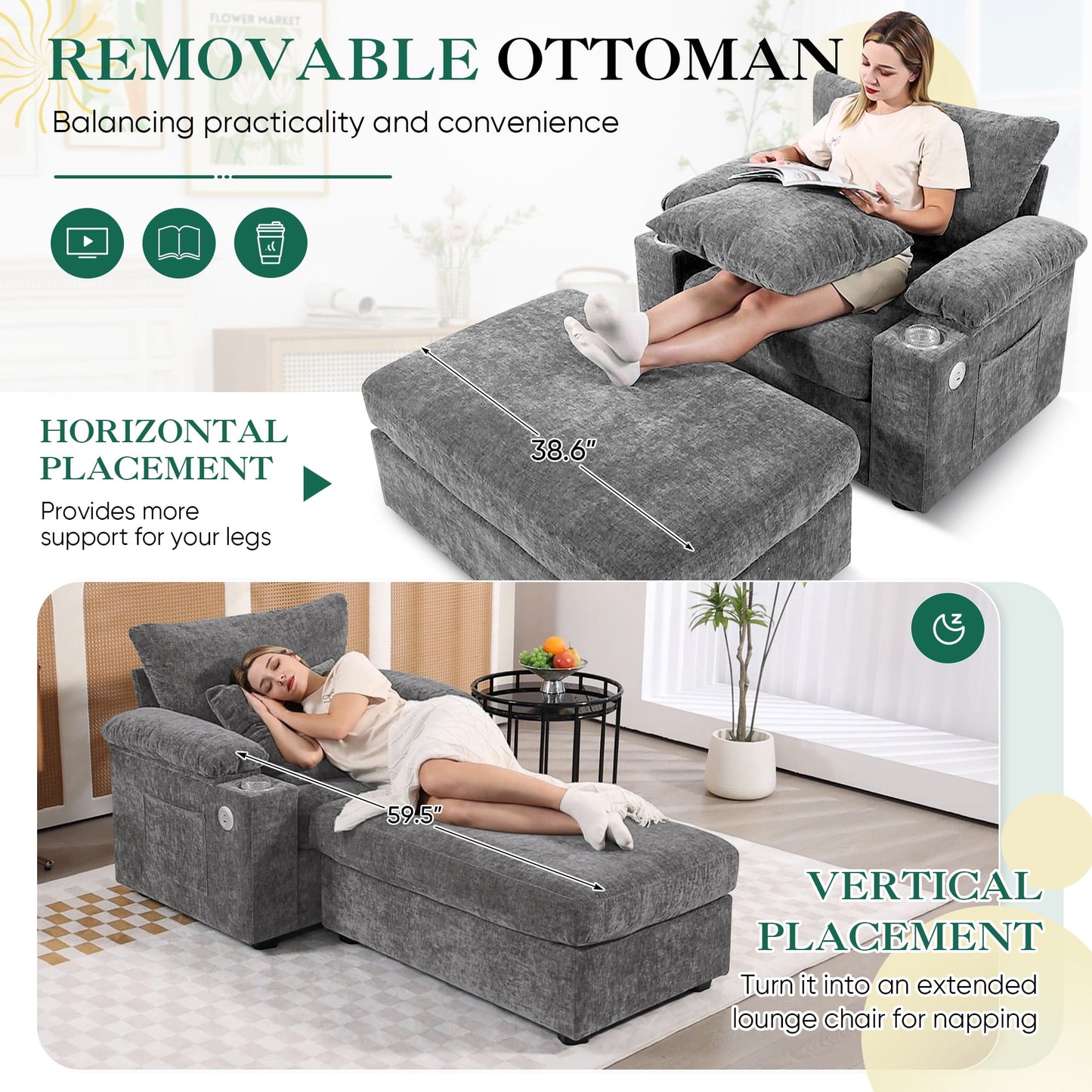 Muumblus Accent Chair with USB & Storage Arms, Cozy Indoor Lounge Chair with Ottoman