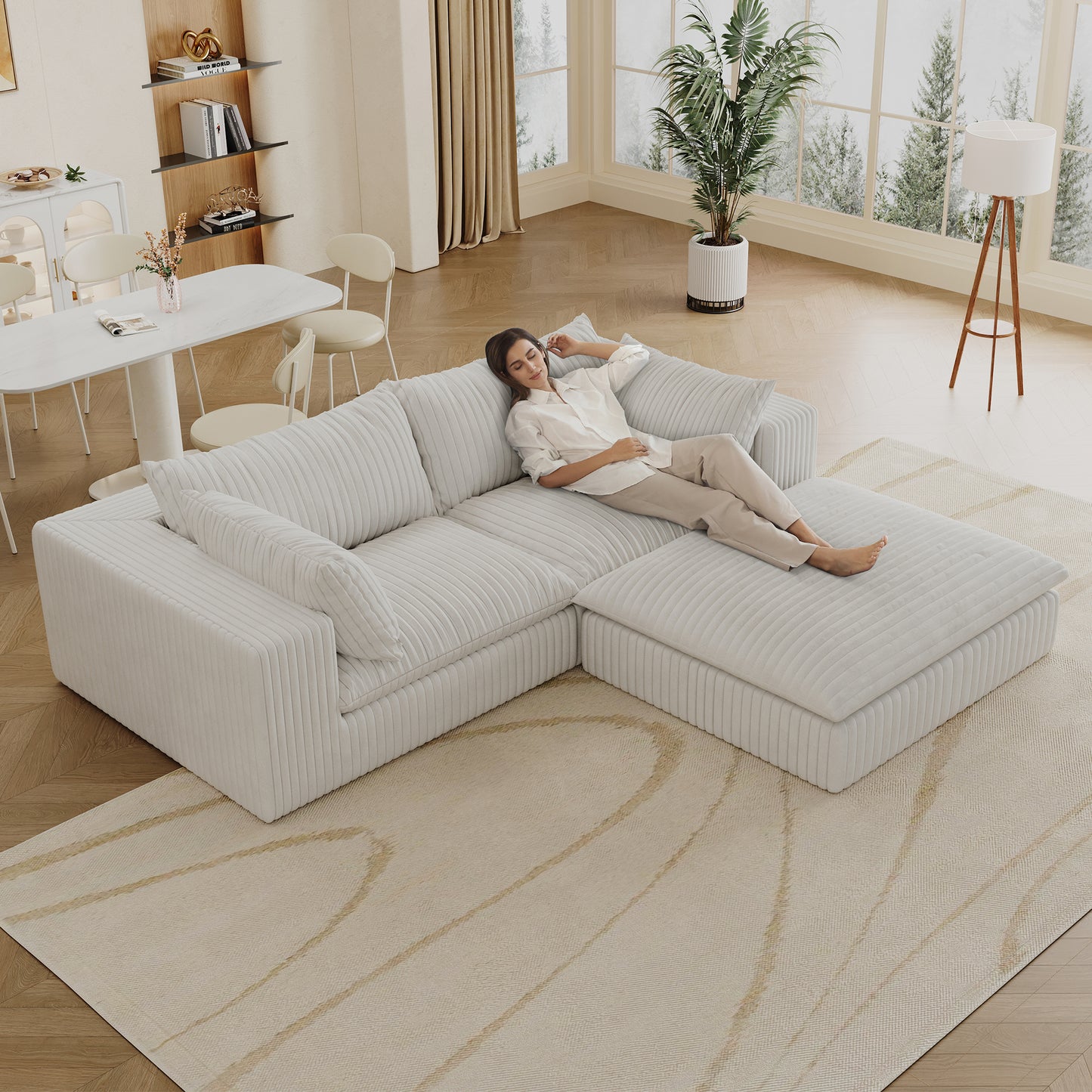 Muumblus Modular Sectional Sofa with Movable Ottoman, L-Shaped Deep Seat Corduroy Cloud Couch, No Assembly Boneless Couches for Living Room, White