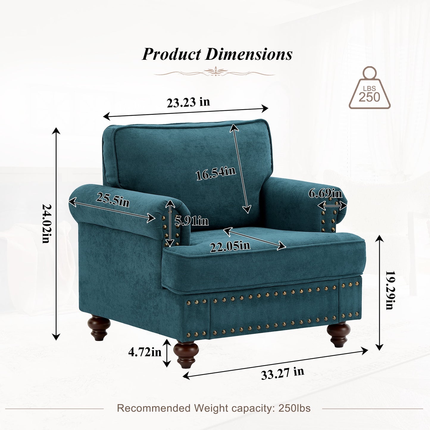 Muumblus 38" W Mid-Century Single Sofa Accent Chair with Nailhead, Chenille Comfy Upholstered Club Armchair for Living Room, Lake Green
