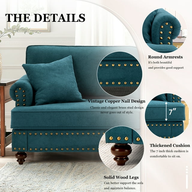 Muumblus 61" W Mid-Century Loveseat Sofa with Nailhead, 2 Seater Sofa for Living Room, Lake Green Chenille Fabric
