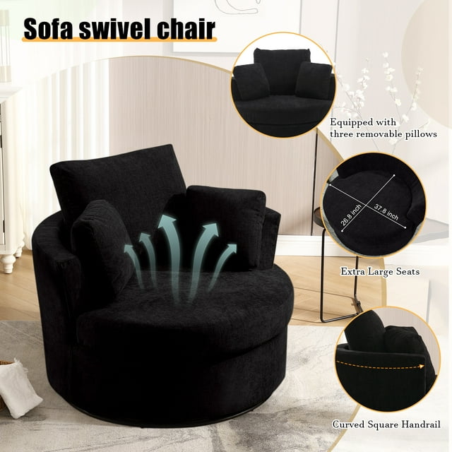 Muumblus Chenille Swivel Barrel Chair Accent Chair with Storage Ottoman, Oversized Comfy Armchair for Living Room Bedroom, Black