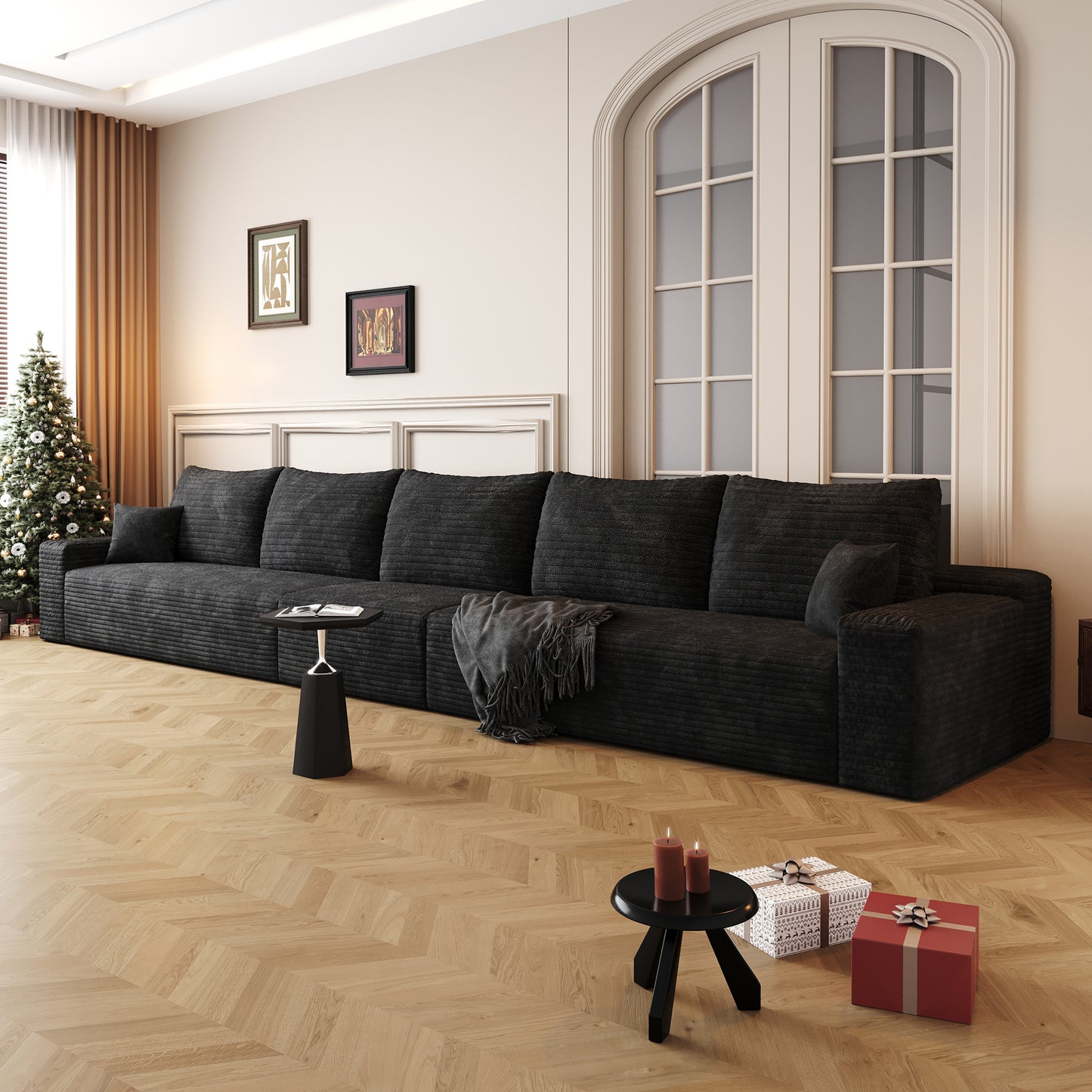 Muumblus 168" Cloud Sectional Sofa, Cozy 5-Seater Modular Sofa, Plush Corduroy Sleeper Bed Couch, No Assembly Required, Black