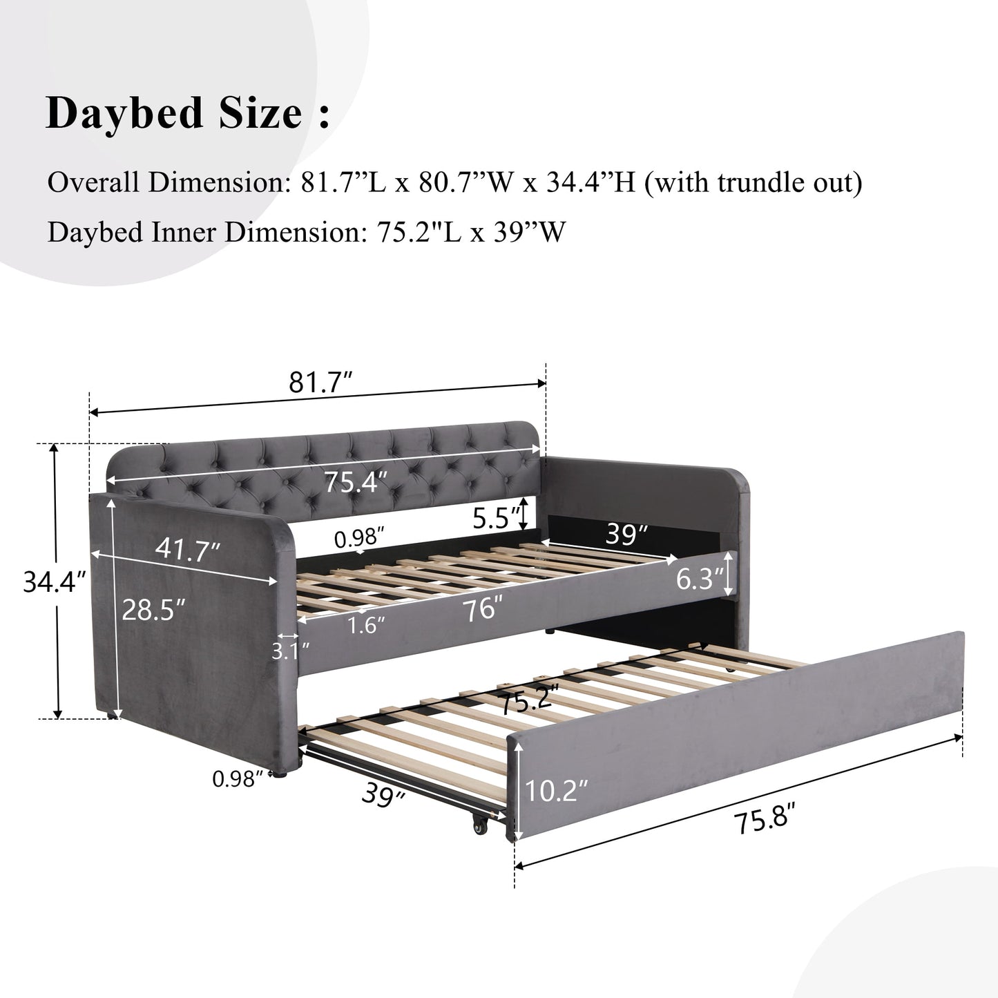 Muumblus Twin Size Daybed with Trundle Bed with USB Ports, Modern Velvet Tufted Bed Frame for Bedroom, Not Box Spring Required, Dark Gray