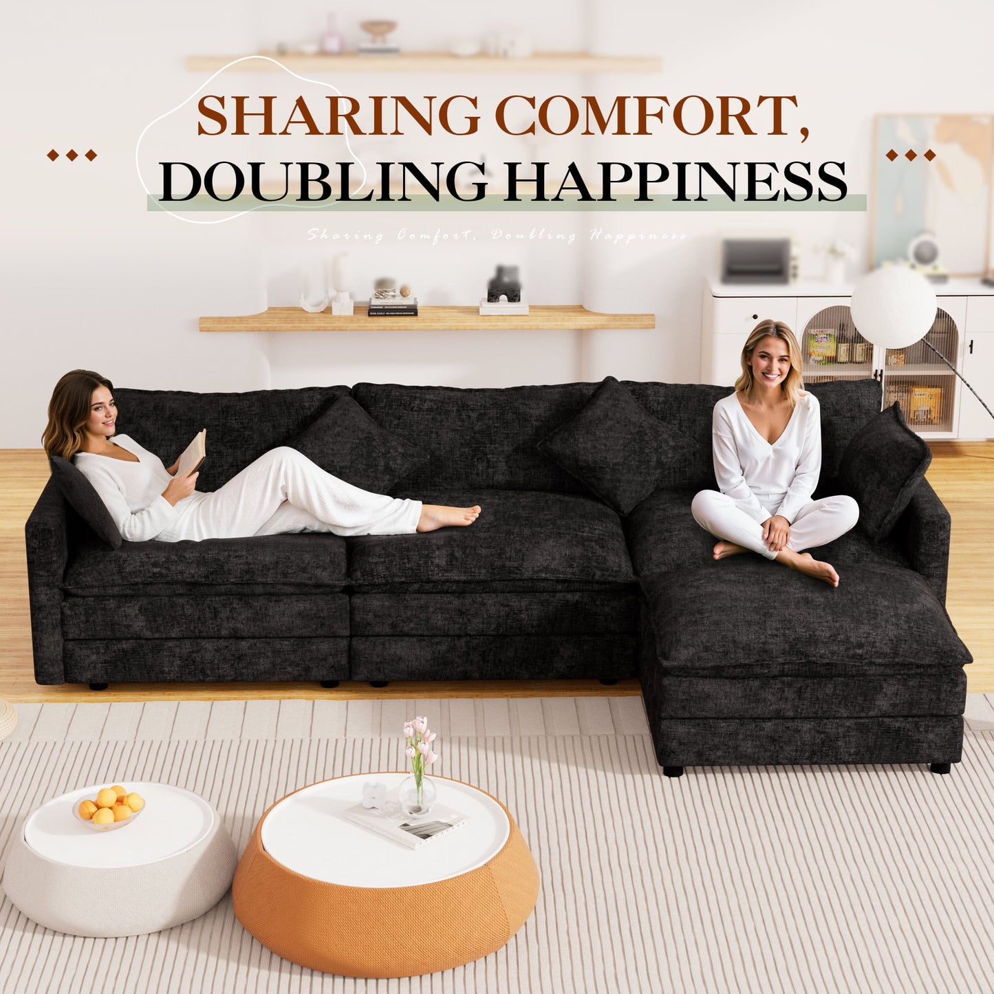 Muumblus Sectional Sofa Cloud Couch with Reversible Ottoman, L-Shaped Chenille Sofa for Living Rooms, Beige