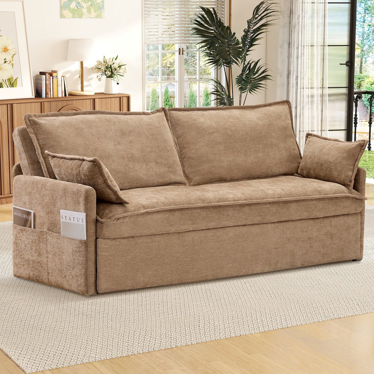 Muumblus  Futon Sofa Bed, Convertible Couch Bed with USB, Corduroy Loveseat Sleeper for Small Spaces, Beige