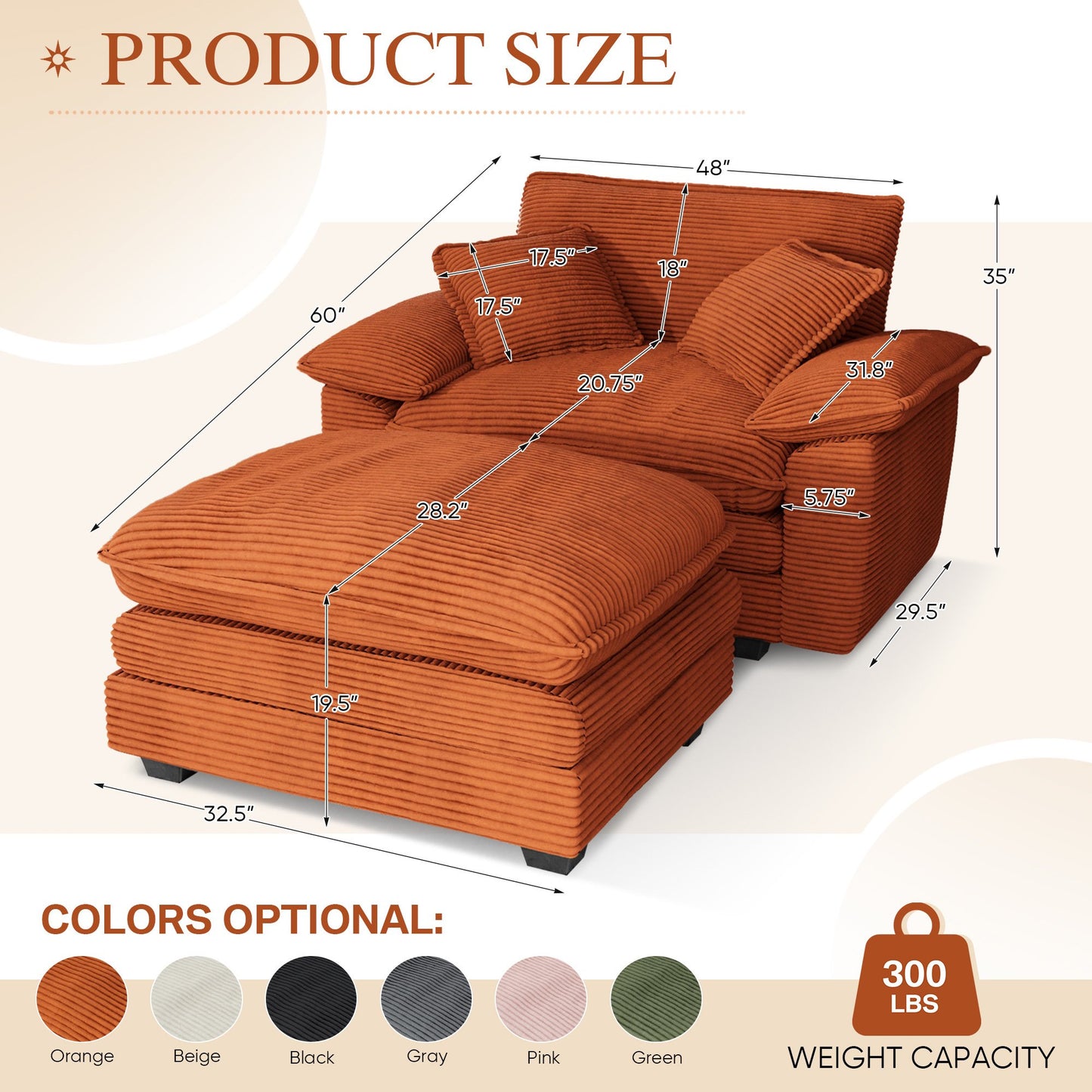 Muumblus Oversized Accent Chair with Ottoman, 48" Indoor Chaise Lounge Cloud Sofa Reading Armchair for Modern Living Room, Bedroom
