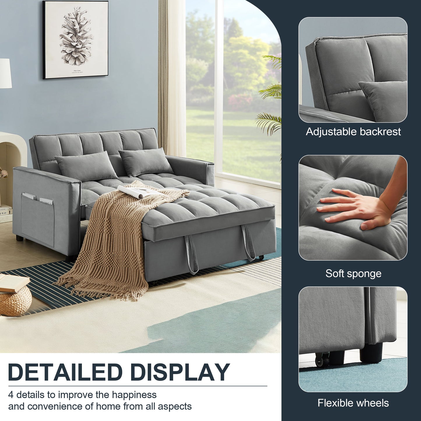 Muumblus Convertible Futon Sofa Bed, Small Space Loveseat Sleeper with Pull Out Bed, Modern Velvet Sofa Couch for Living Room, Adjsutable Backrest