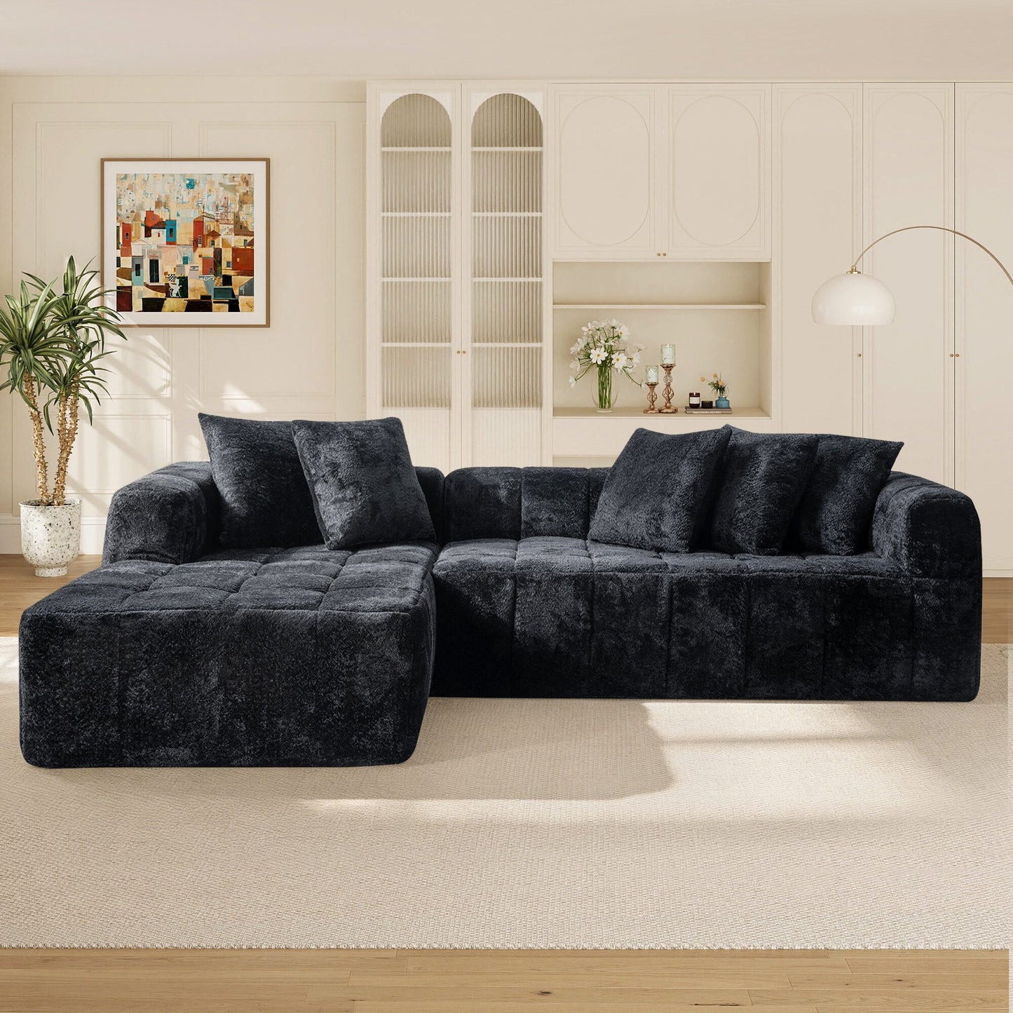 No Assembly Required, Muumblus 108" Oversized Modular Sectional Sofa, L-Shaped Boneless Cloud Couch, Modern Chenille Living Room Floor Sofa, Black (Right Facing Chaise)