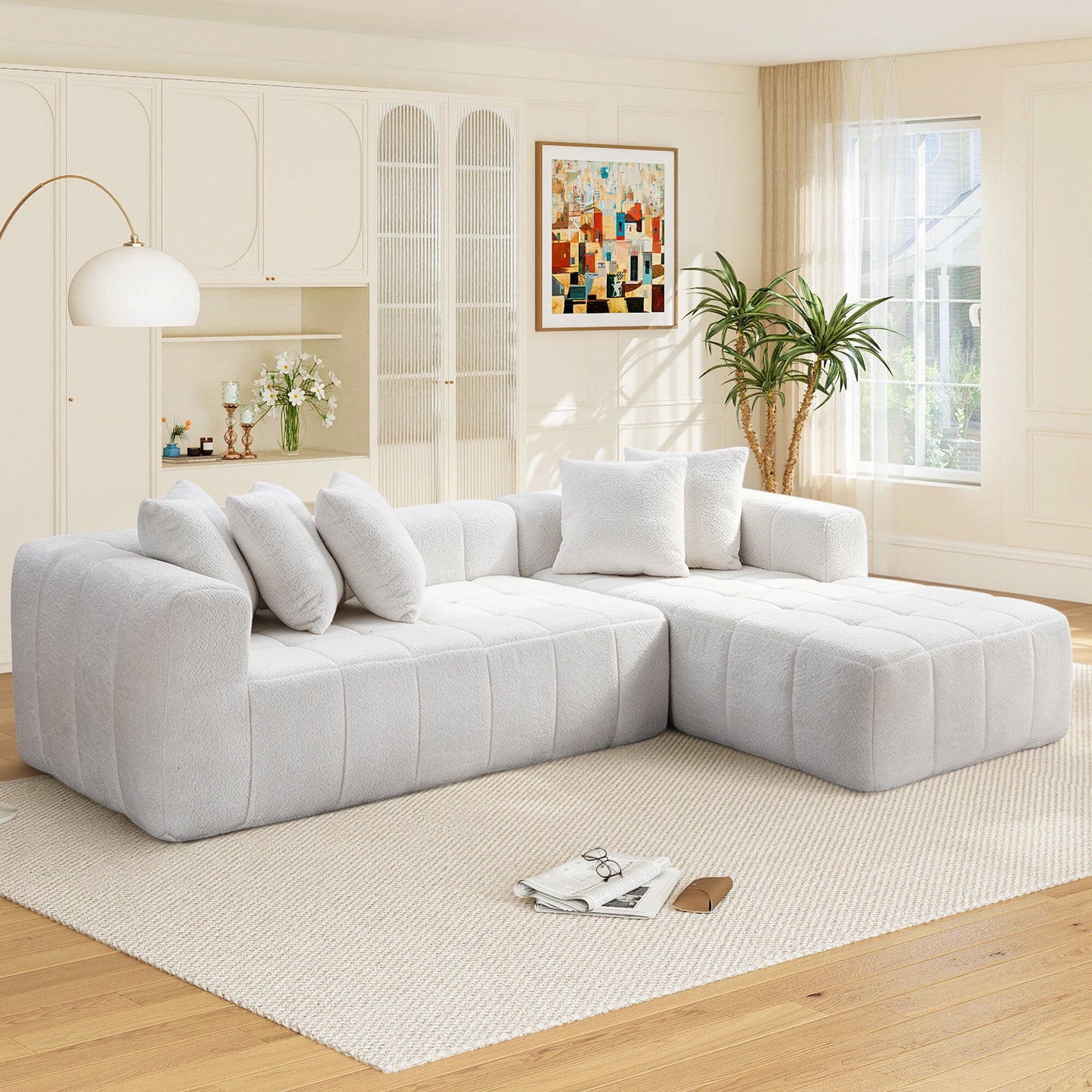 No Assembly Required, Muumblus 108" Oversized Modular Sectional Sofa, L-Shaped Boneless Cloud Couch, Modern Chenille Living Room Floor Sofa, Black (Right Facing Chaise)