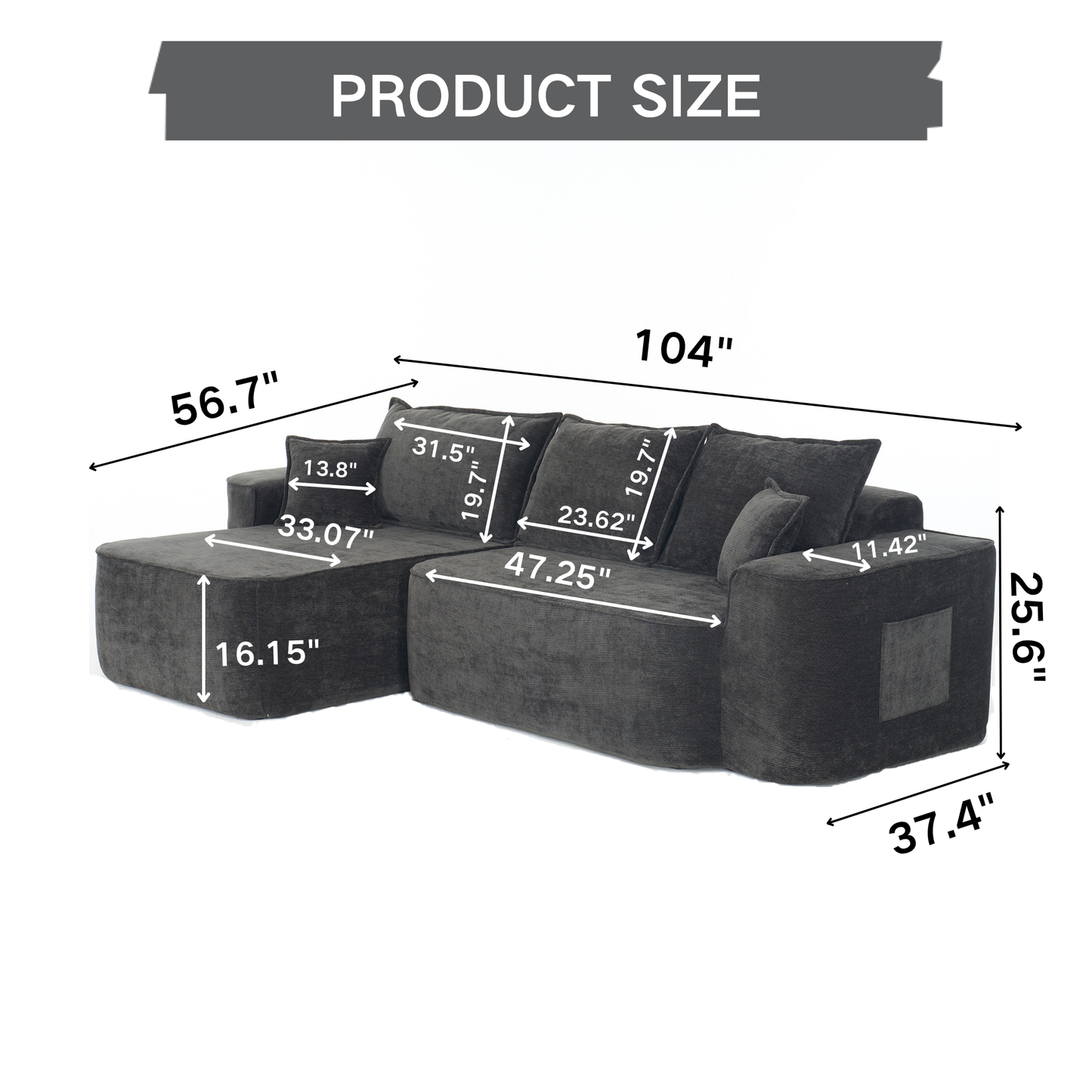 Muumblus 104" Oversized L-Shaped Modular Sectional Sofa with Chaise, Boneless Deep Seat Cloud Couch, No Assembly Living Room Sofa, Black Chenille