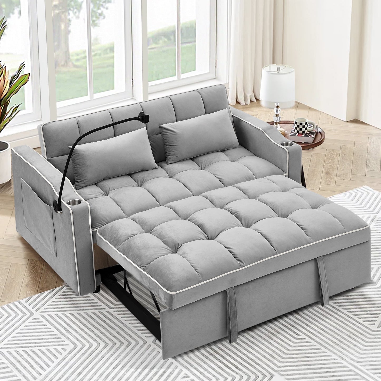 Muumblus 3-in-1 Convertible Futon Sofa Bed, Loveseat Sleeper with Phone Stand, USB, Gray Velvet