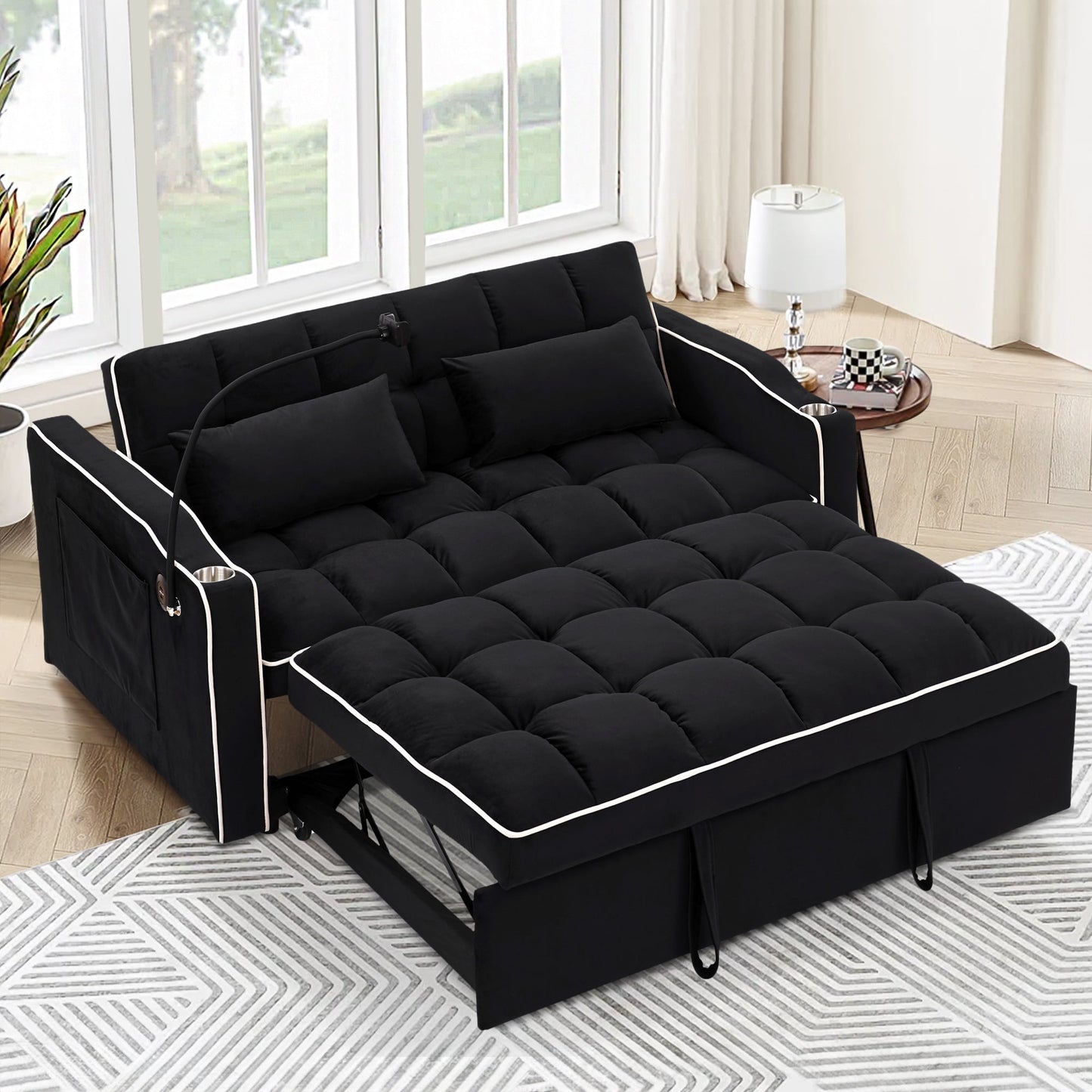 Muumblus 3-in-1 Convertible Futon Sofa Bed, Loveseat Sleeper with Phone Stand, USB, Gray Velvet