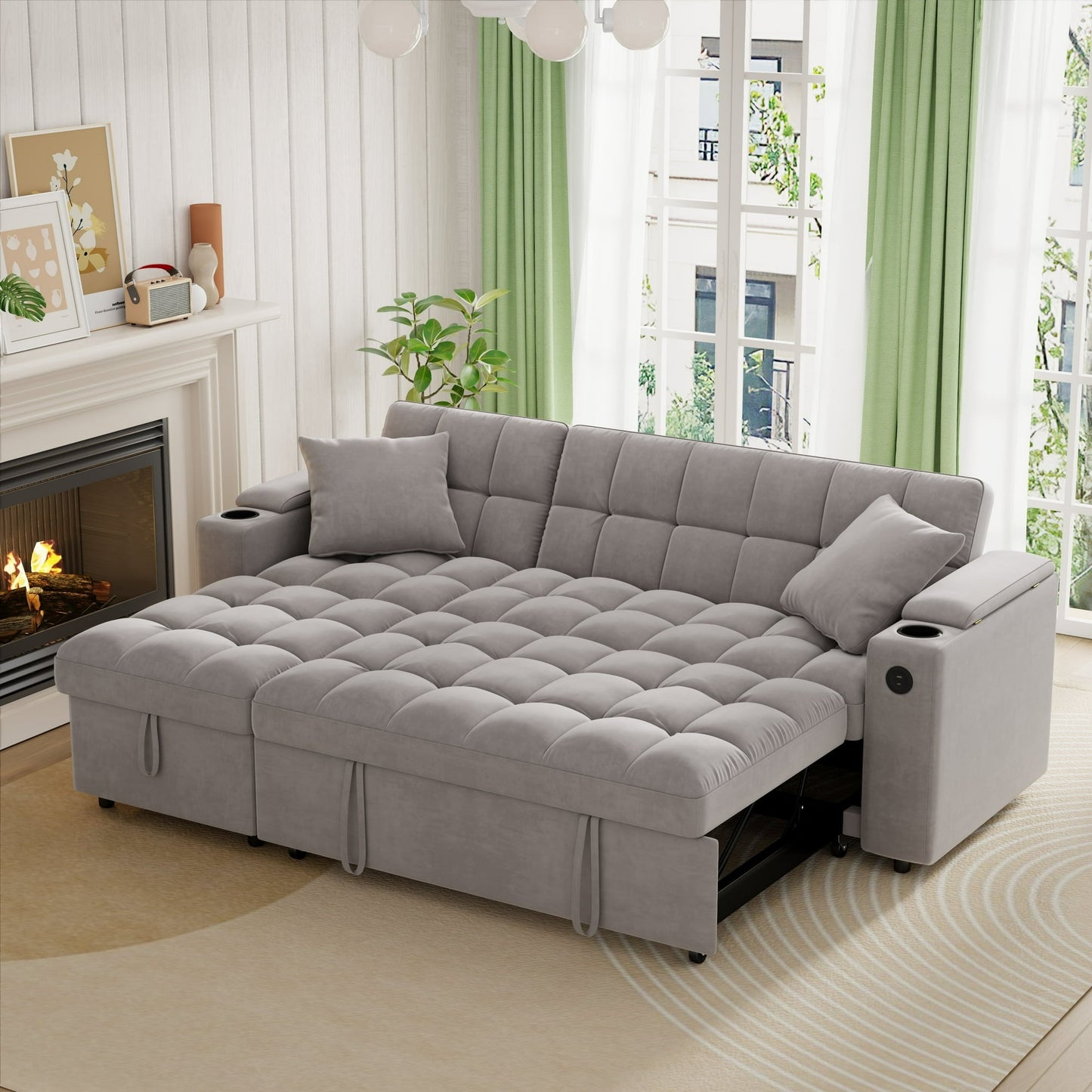 Muumblus 84" Queen Size Convertible Sectional Sleeper Sofa with Storage, Adjustable Backrest, Reversible L-Shaped Pull Out Couch Bed for Living Room, Guest Room