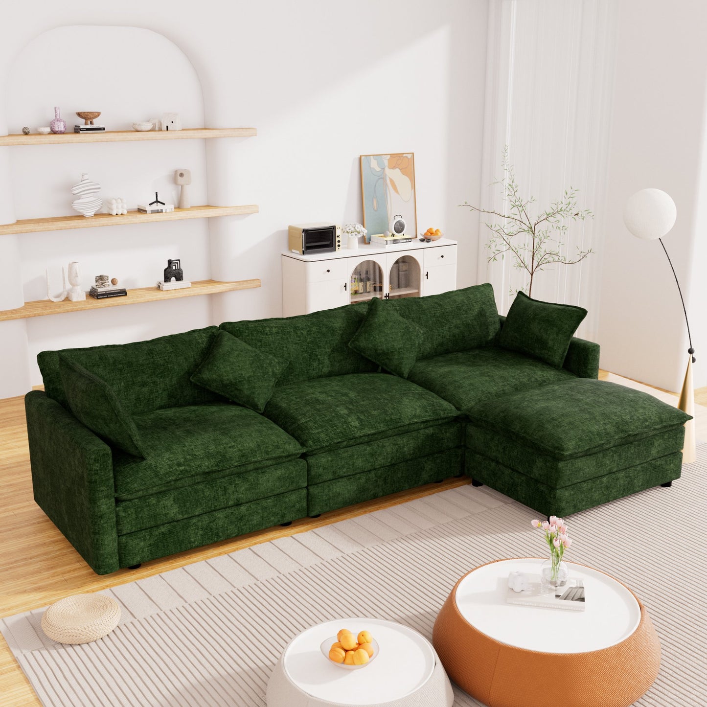 Muumblus Sectional Sofa Cloud Couch with Reversible Ottoman, L-Shaped Chenille Sofa for Living Rooms, Beige