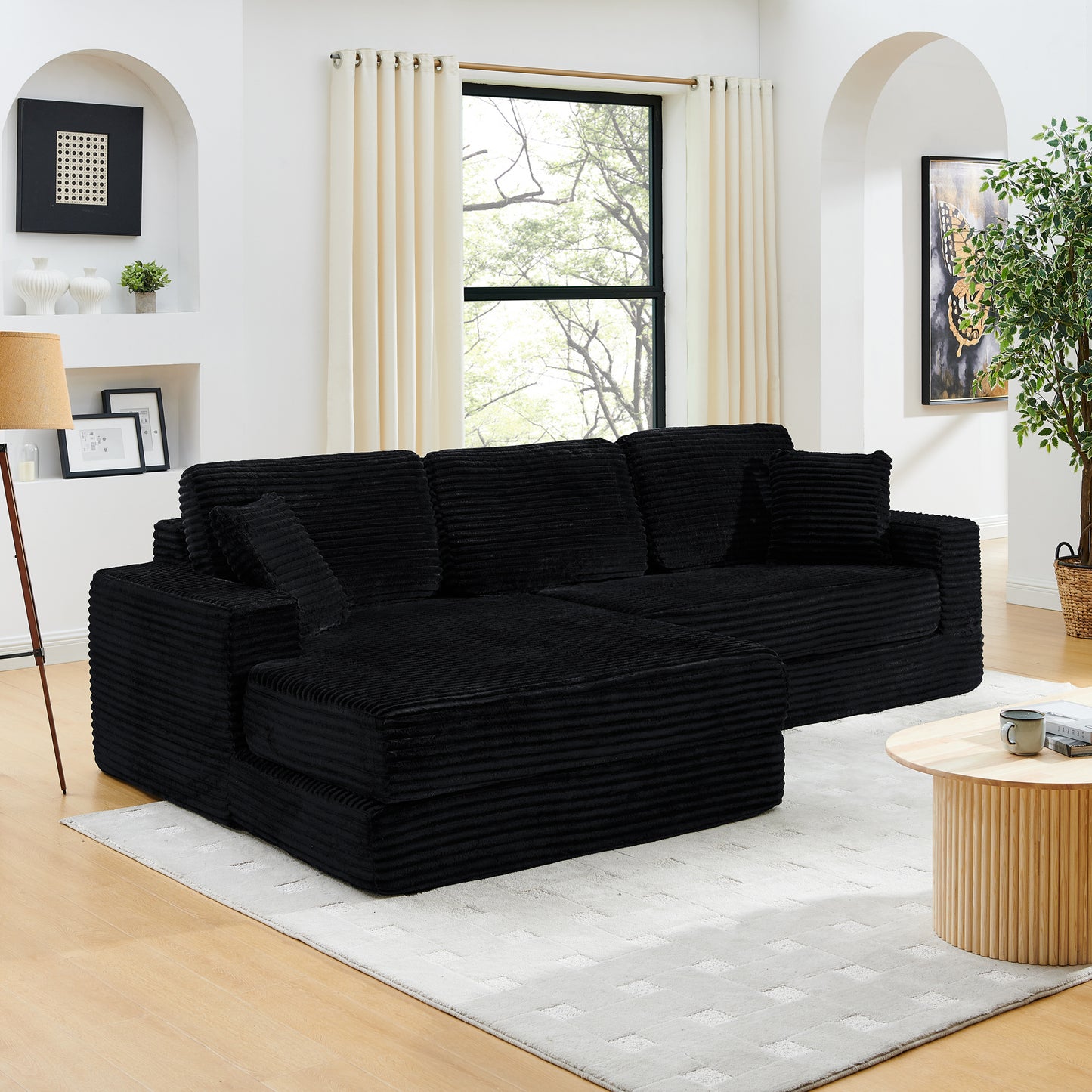 Muumblus 112" Oversized Modular Sectional Sleeper Sofa, L-Shaped Convertible Sofa Bed, Boneless Cloud Couch for Living Room, Black (Right Facing Chaise)
